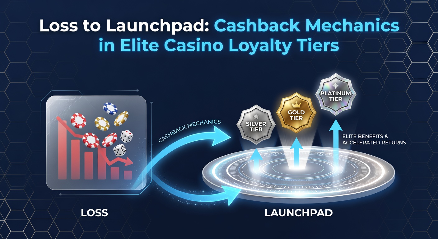 Digital visualization of a casino loyalty card transforming losses into reward rockets launching upward, symbolizing cashback recovery in elite tiers