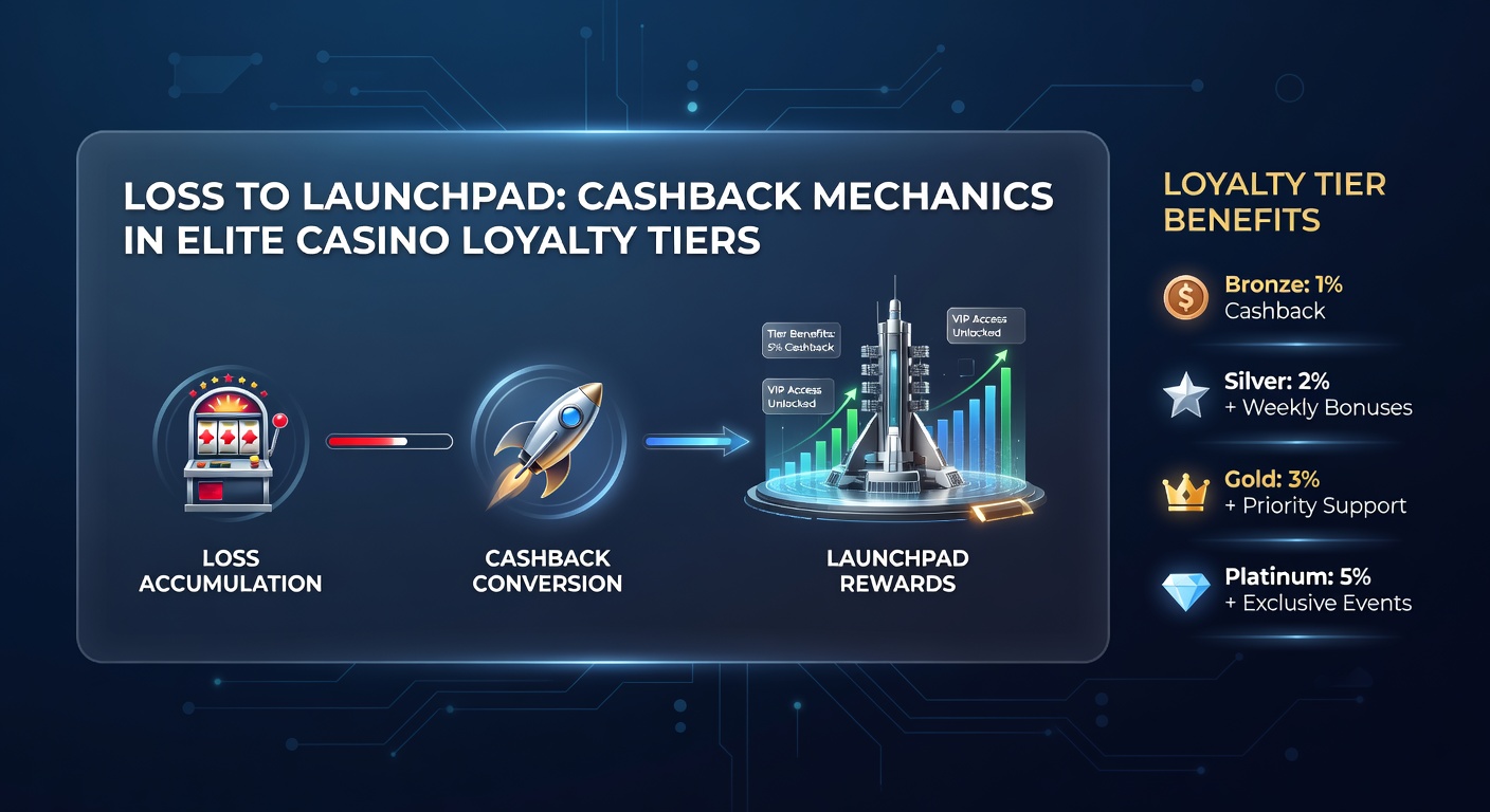 Infographic breaking down cashback tiers with bar graphs showing rebate percentages from 10% in gold to 40% in diamond, overlaid on a casino floor scene