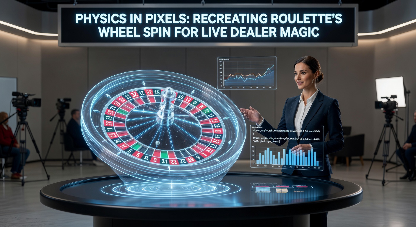 Close-up of a live dealer launching a roulette ball, with overlaid digital graphics showing simulated physics paths and velocity vectors