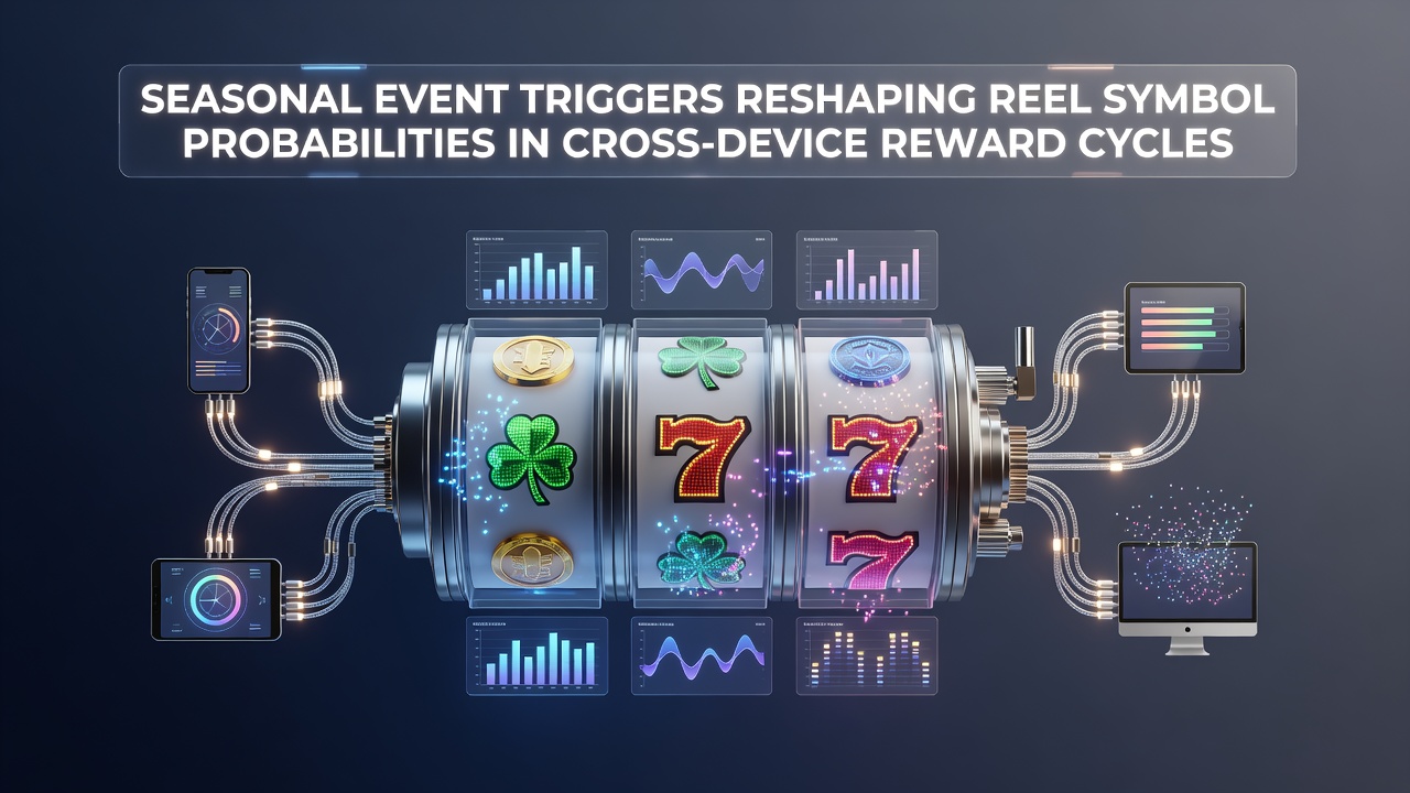 Seasonal event graphics overlaying slot machine reels on multiple devices including smartphones and tablets