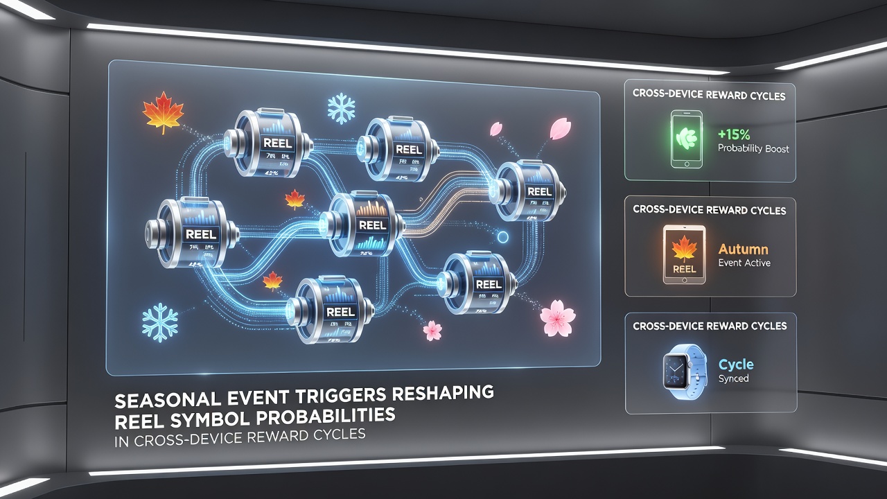 Cross-device interface showing synchronized reward progress and seasonal symbol adjustments on phone, tablet and desktop